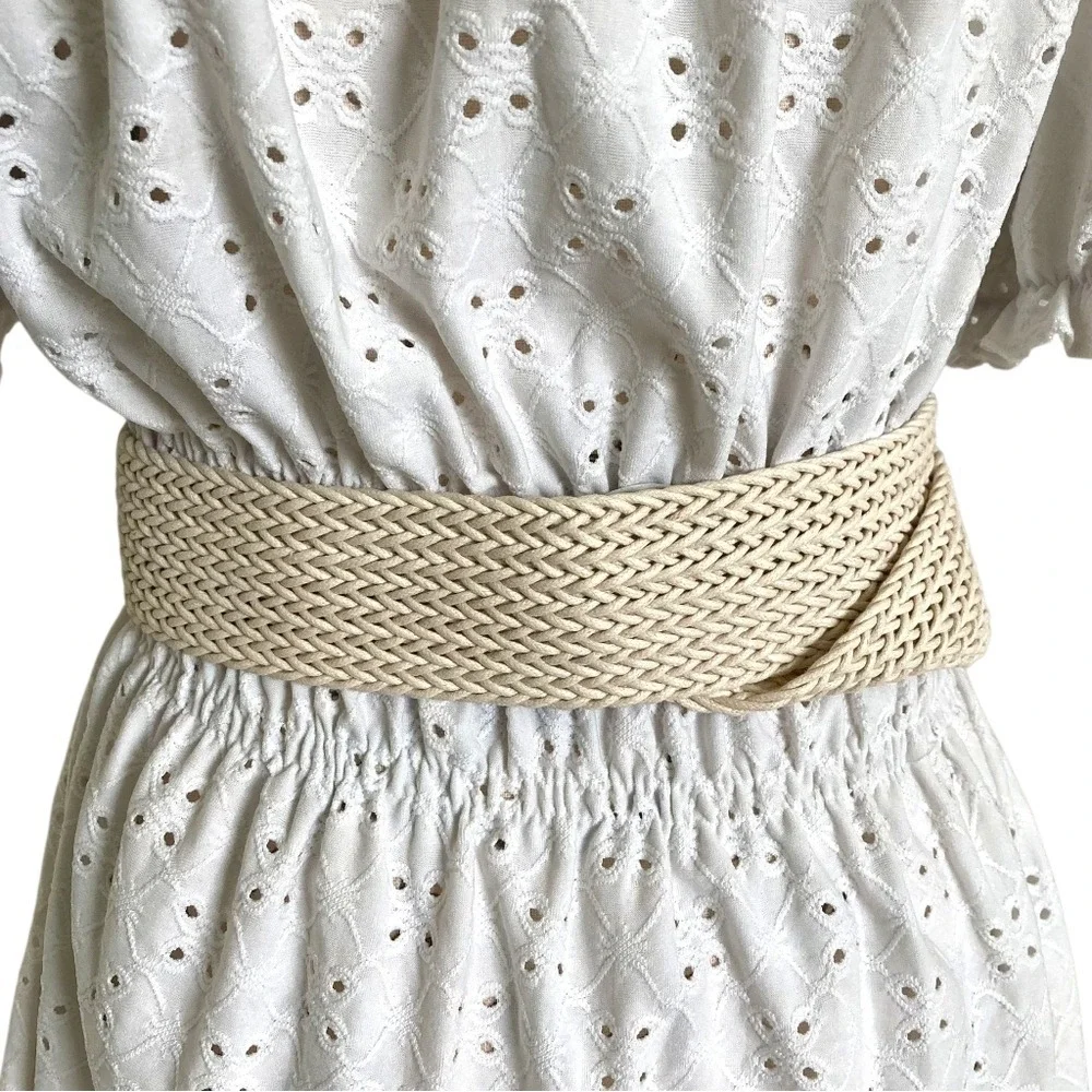 Natural Woven Faux Straw Wide Waist Belt Chunky Round Buckle Cottage Boho summer